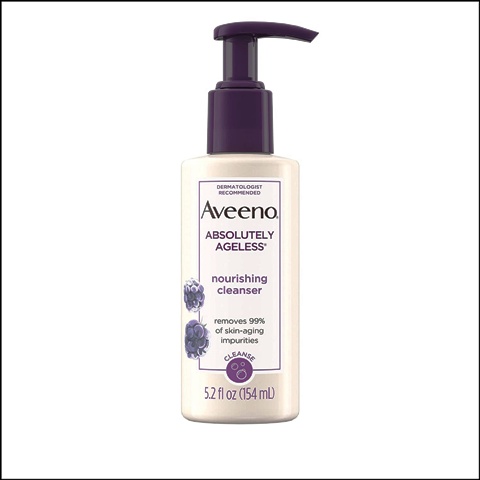 * Help cleanse and hydrate skin with Aveeno Absolutely Ageless Nourishing Cleanser. This daily facial cleanser is dermatologist-tested, non-comedogenic, and removes 99 percent of skin-aging impurities such as dirt, oil, and makeup. Its unique formula is made with antioxidant-rich blackberry extract and is clinically proven to help preserve skin's natural moisture barrier. This hydrating face wash won't overdry skin and is gentle enough for daily use. * 5.2-fluid ounces of Aveeno Absolutely Ageless Nourishing Daily Facial Cleanser with antioxidant-rich blackberry extract from the dermatologist-recommended brand for over 65 years * This daily face wash removes 99% of skin-aging impurities, such as dirt, oil and makeup, and is also dermatologist-tested and non-comedogenic so it won't clog pores * Its unique formula is made with antioxidant-rich blackberry extract to help rejuvenate skin and is clinically proven to help preserve skin's natural moisture barrier * This hydrating face wash won't over-dry skin and is gentle enough for everyday use in a regular skincare routine. For best results, work the face cleanser into a lather and massage onto wet skin, rinse off and pat dry * The Aveeno Absolutely Ageless collection is designed to keep your skin looking youthful. Each antioxidant-rich Blackberry Complex enhanced skincare product is clinically proven to help reduce the visible effects of collagen & elastin depleted skin